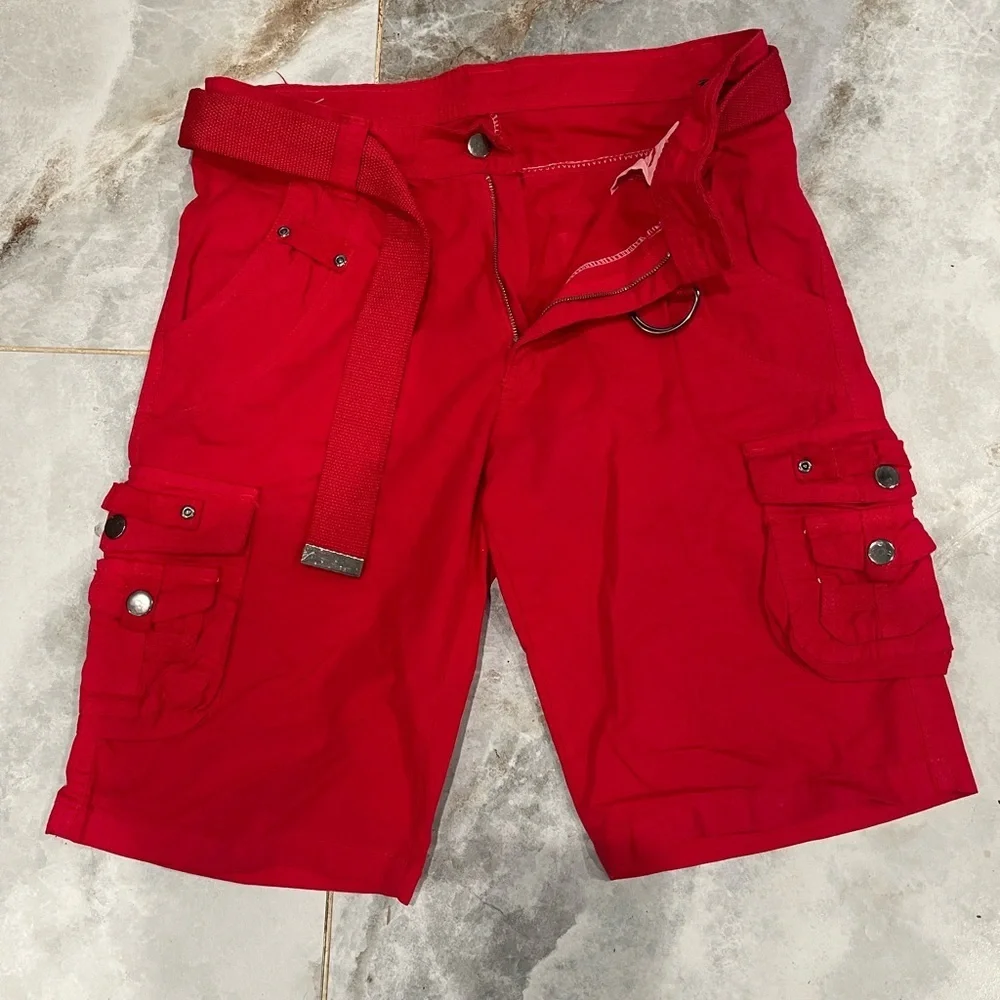 Vibrant Red Cargo Shorts with Drawstring Waist - Picture 3 of 8
